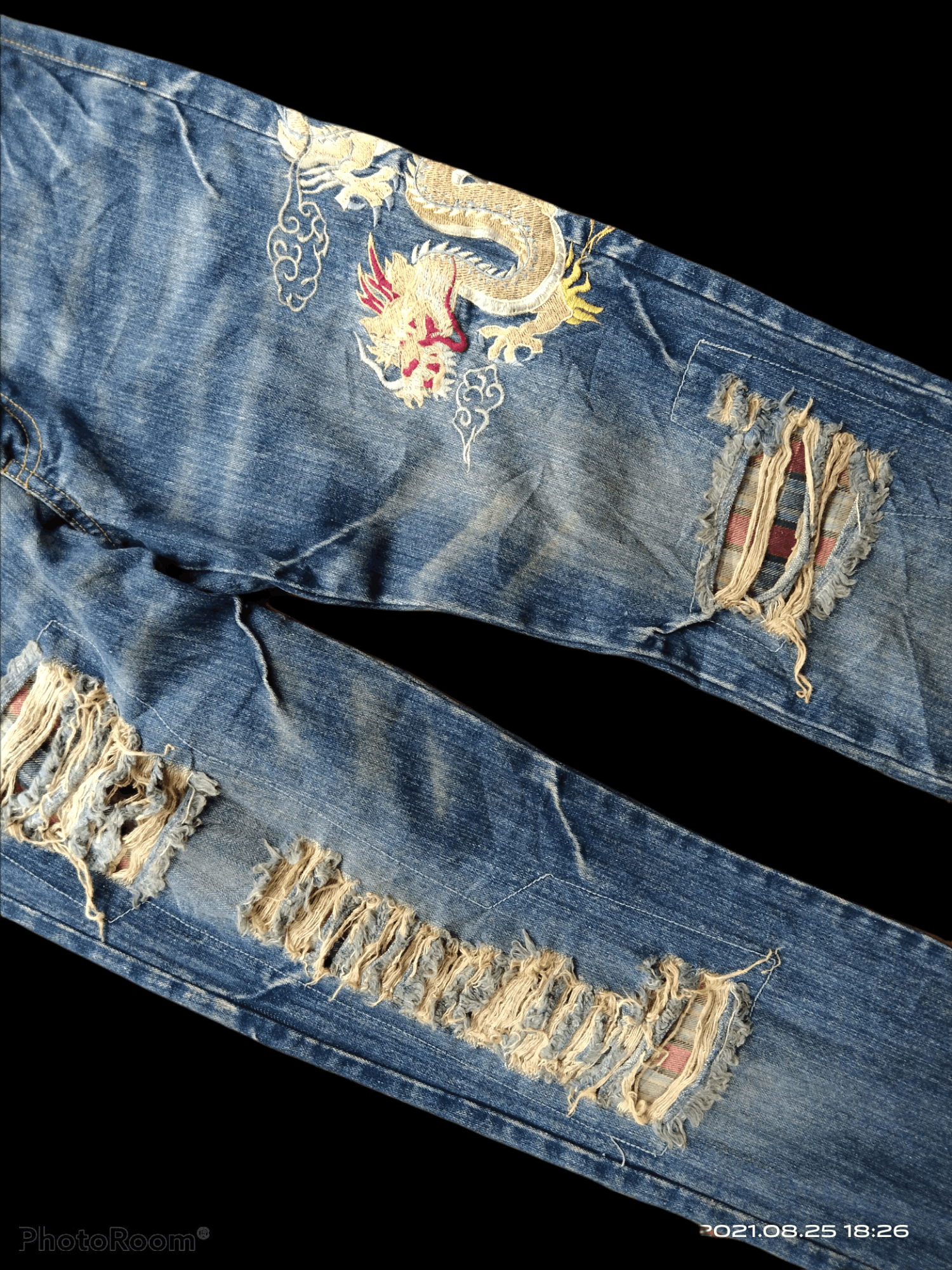 Art Comes First × Dragonfly THRASH RIPED UNBRAND EMBROIDERED DRAGON DENIM PANTS Size US 30 / EU 46 - 4 Thumbnail