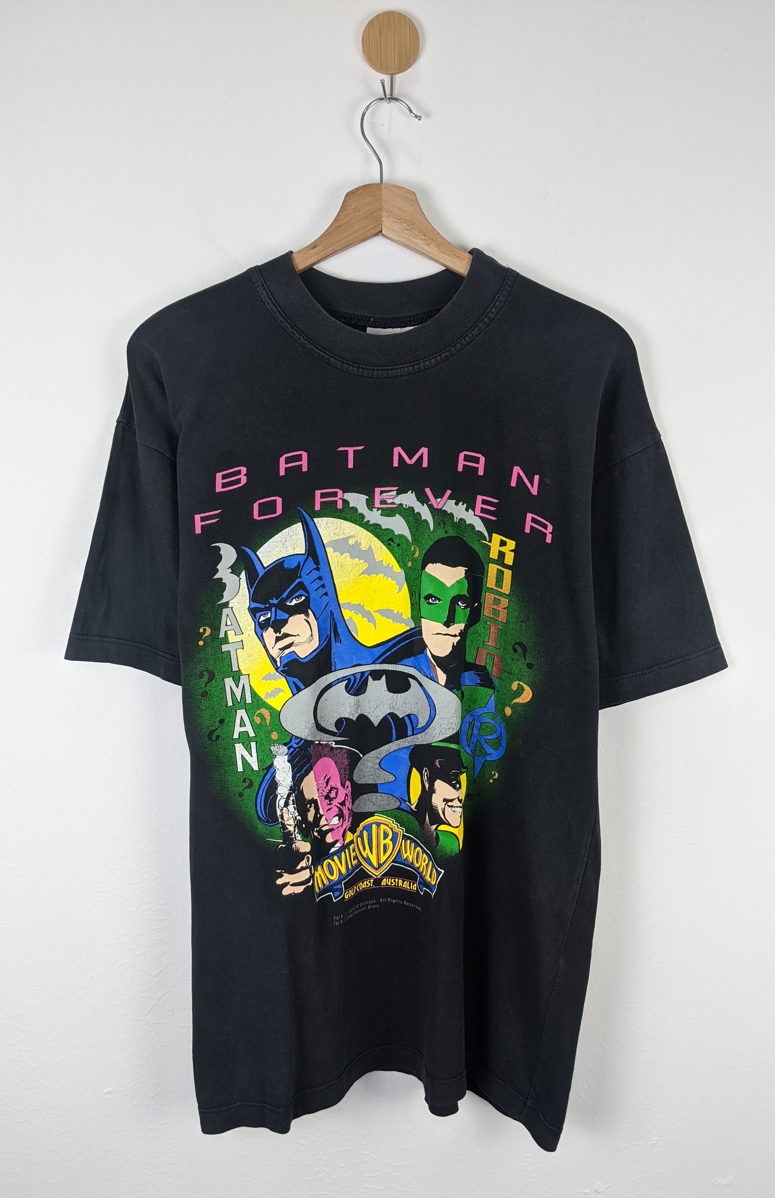 image of Movie x Vintage Batman Forever 1995 Shirt 90's Warner Bros Robin in Black, Men's (Size Large)