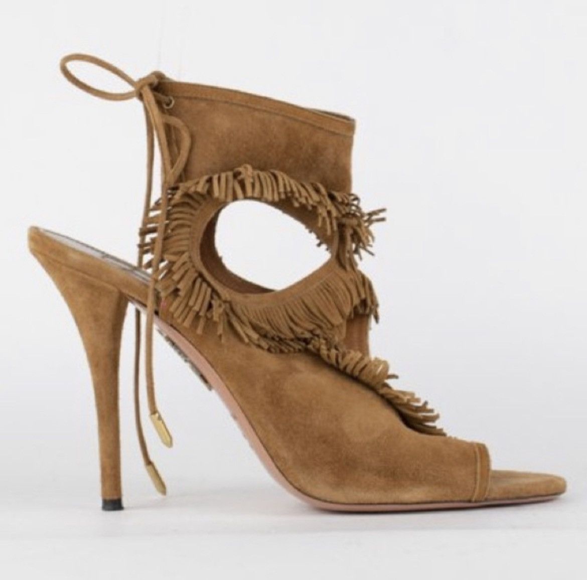Aquazzura Suede Sexy Fringe Lace Up Cut Out Sandal 105 Heels