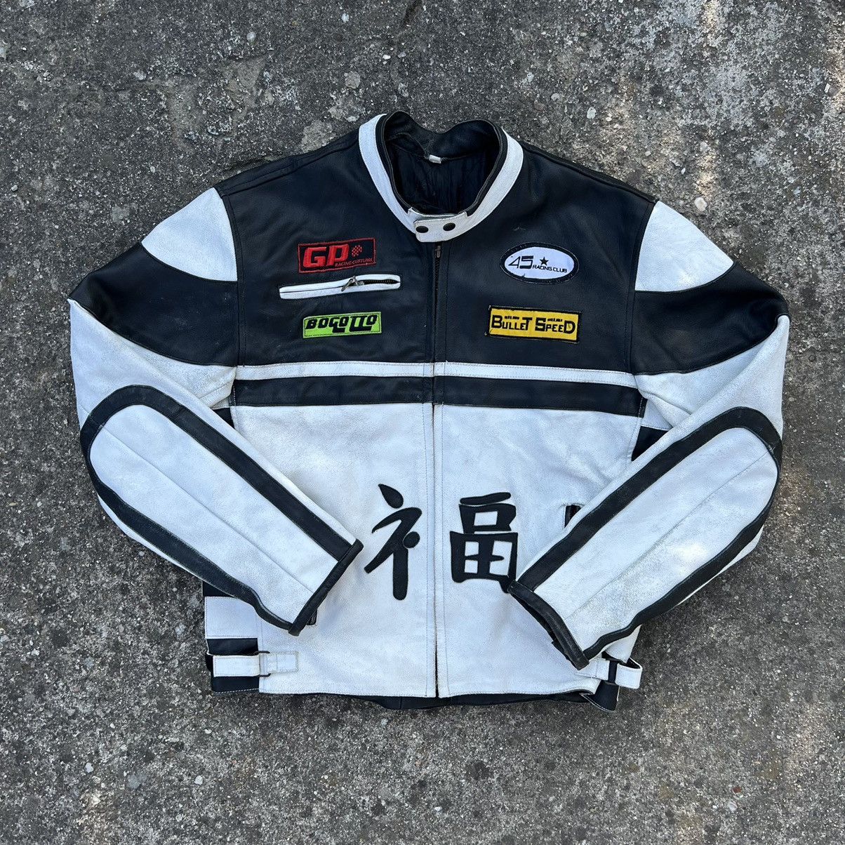 image of Genuine Leather x Racing Real Leather Vintage 90's Racing Jacket Motorsport Black, Men's (Size XL)