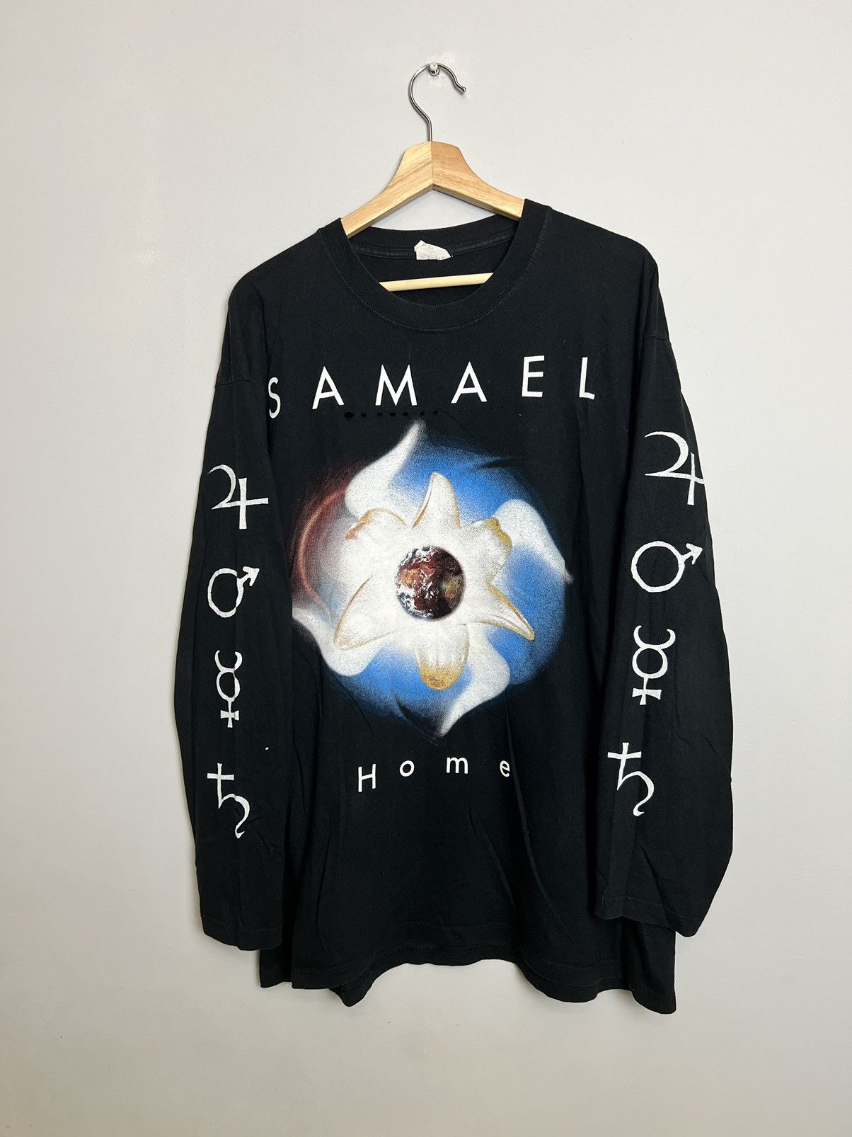 image of Band Tees x Rock T Shirt Vintage 90's Samael Home Black Metal Band Long Tshirt, Men's (Size XL)