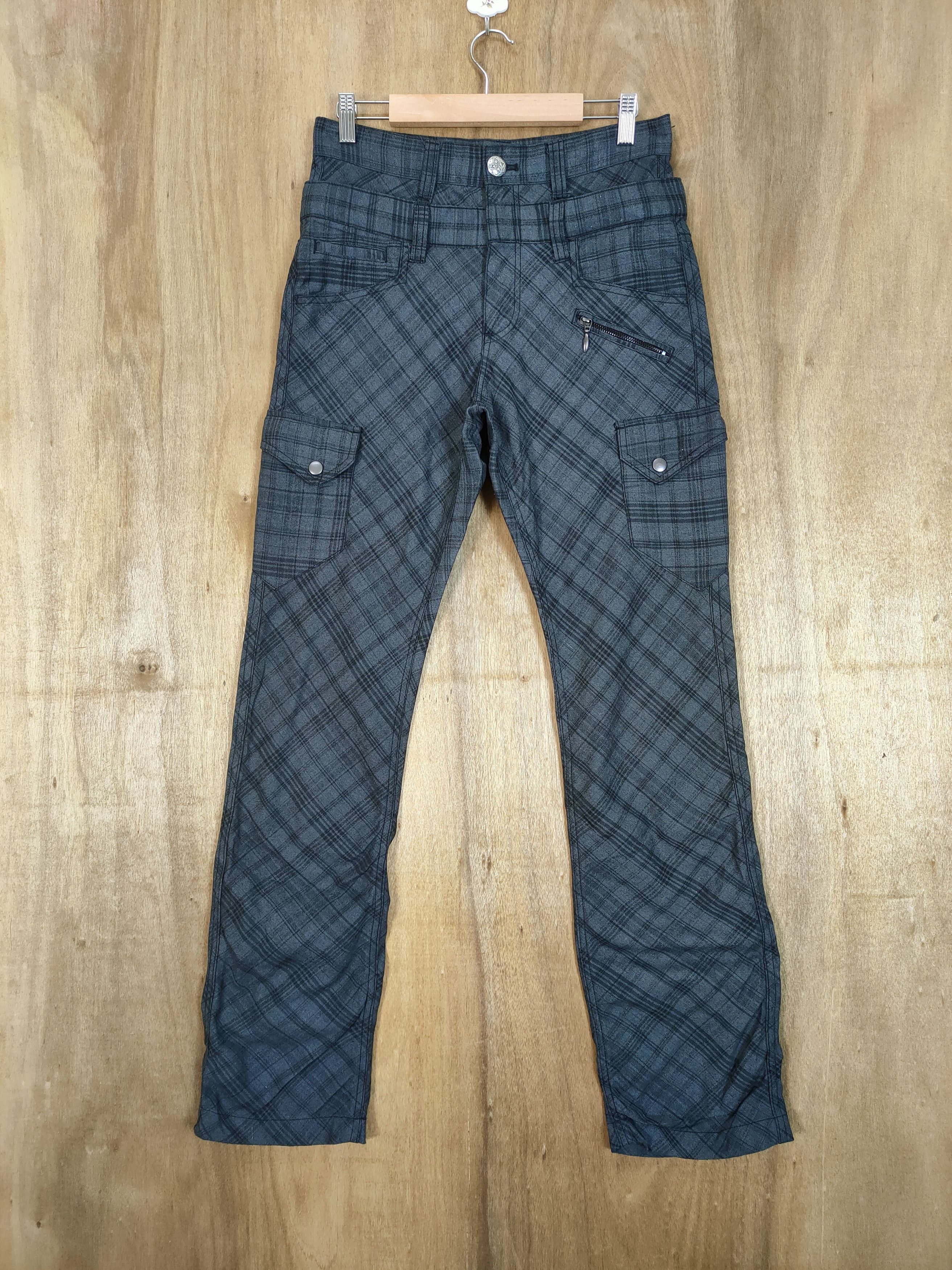 image of Double Waist Checkered Flannel Cargo Pants in Black Grey, Men's (Size 29)