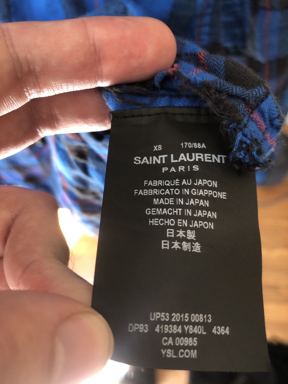 SAINT LAURENT SS16 RUNWAY DISTRESSED BLUE PLAID SHIRT XS