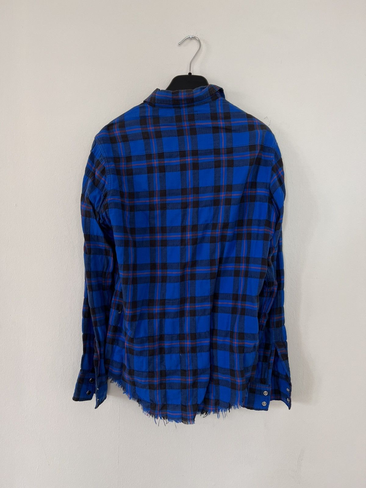 SAINT LAURENT SS16 RUNWAY DISTRESSED BLUE PLAID SHIRT XS