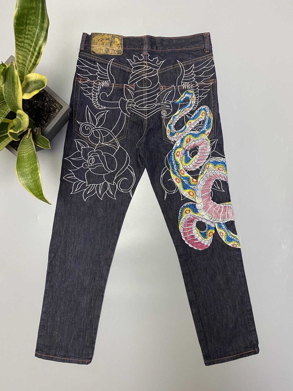 Christian Audigier Christian Audigier Snake Embroidered Blue Denim