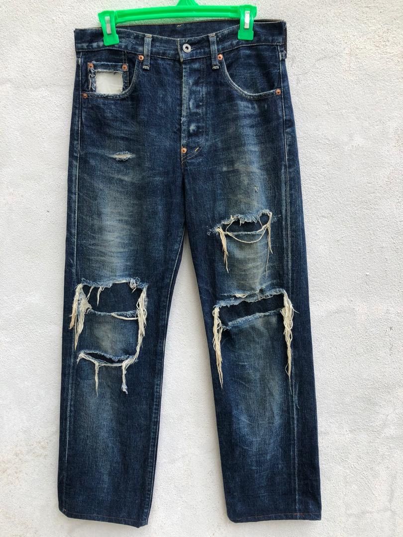 Japanese Brand × Levi's Trashed Vintage LVC Japan Levi’s E Rips Selvedge Denim Jeans Size US 30 / EU 46 - 1 Thumbnail