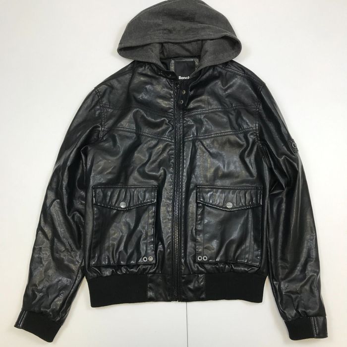 Bench Bench Jacket Large Black Faux Leather Hood Bomber Grailed