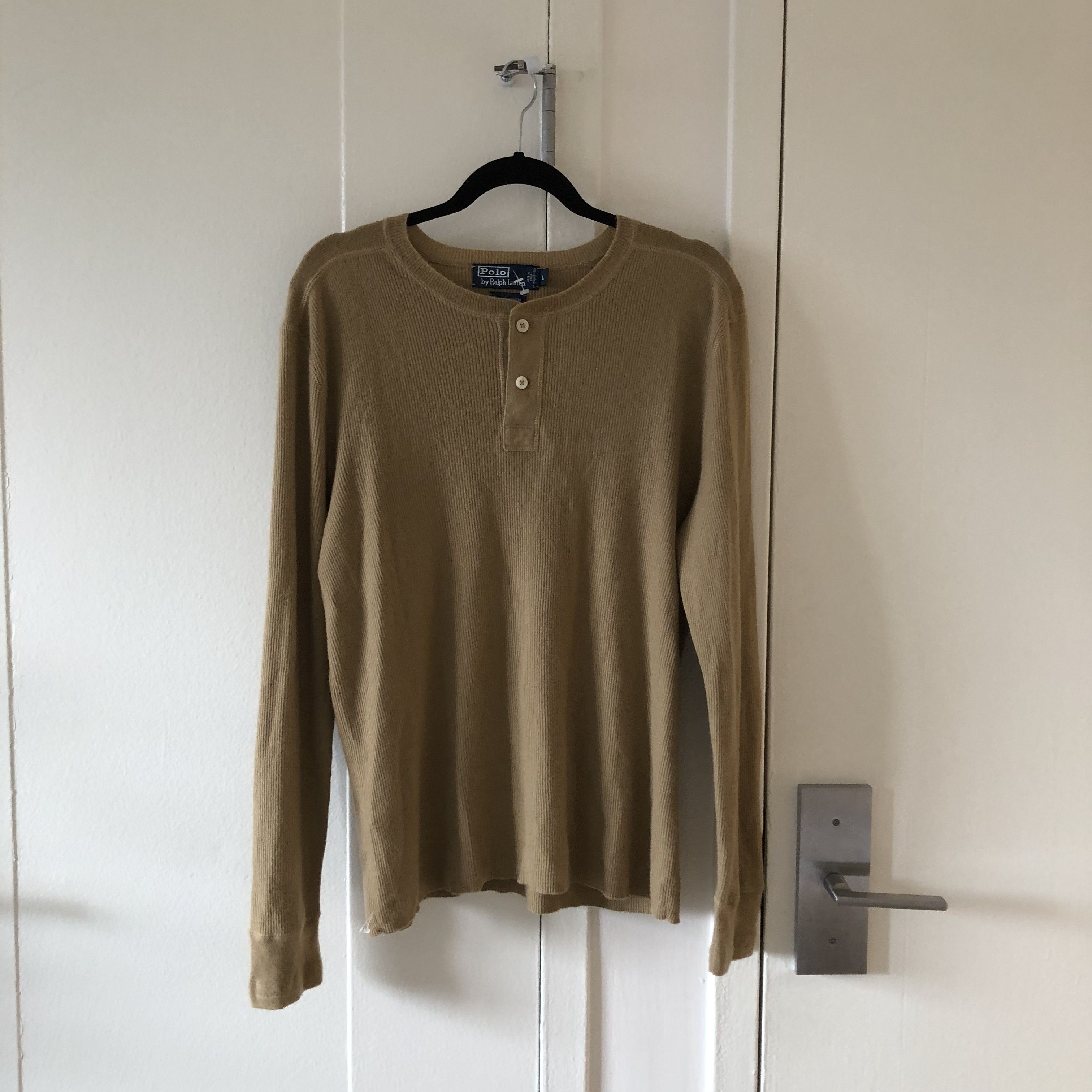image of Cashmere Polo Ralph Laurent Henley in Camel, Men's (Size Large)