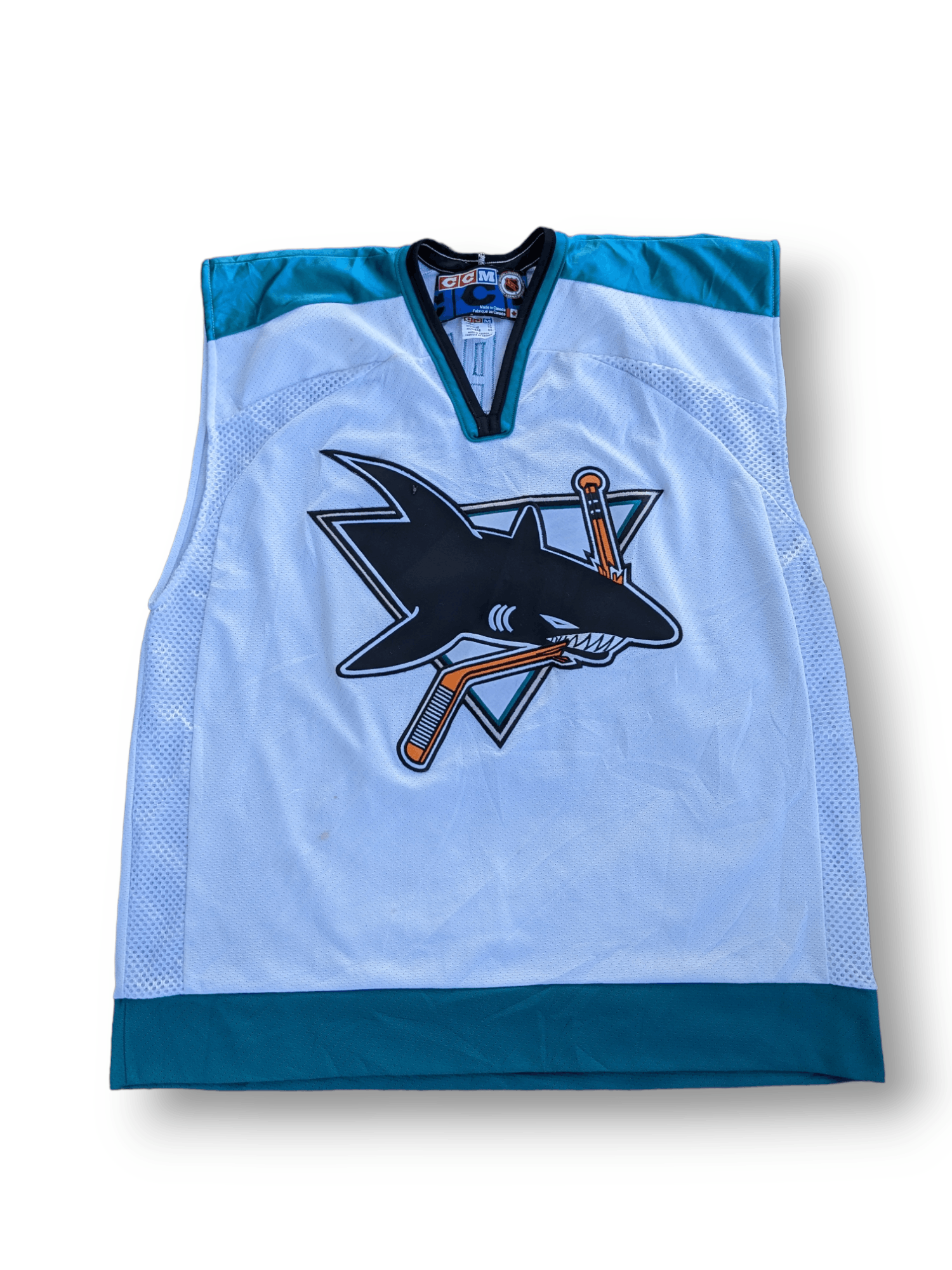 Image of Ccm x Nhl Vintage San Jose Shark Nhl Hockey Ice Jersey in White, Men's (Size 2XL)