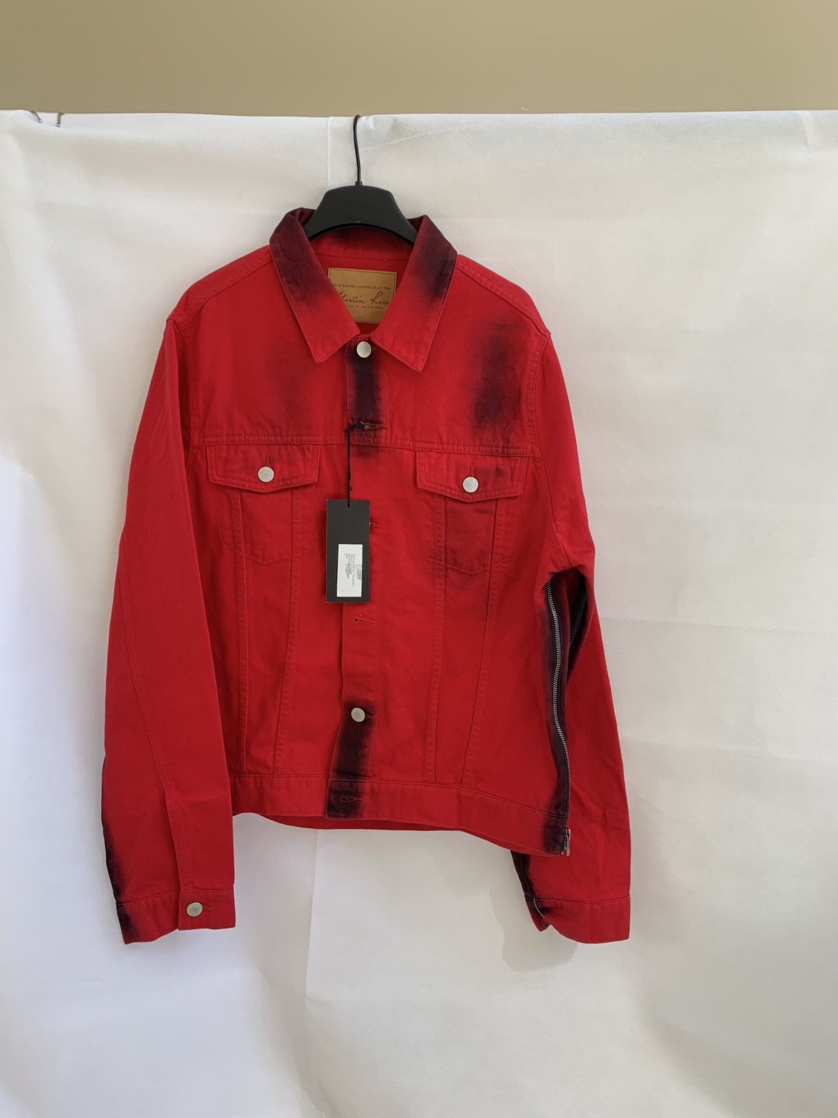 Image of Martine Rose Zip Denim Jacket In Black / Red, Men's (Size Small)