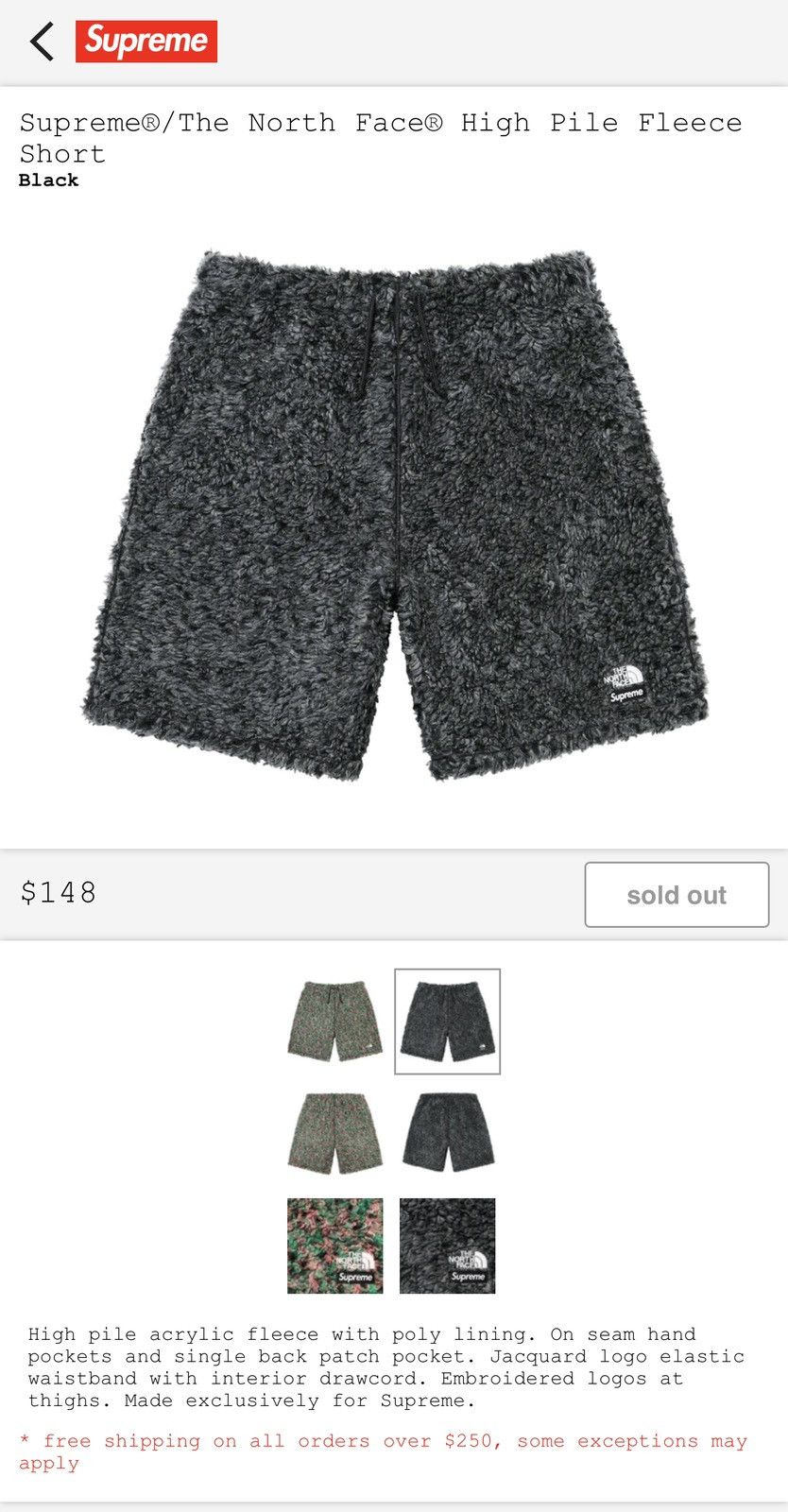 image of Ss23 Supreme x The North Face High Pile Fleece Shorts in Black, Men's (Size 33)