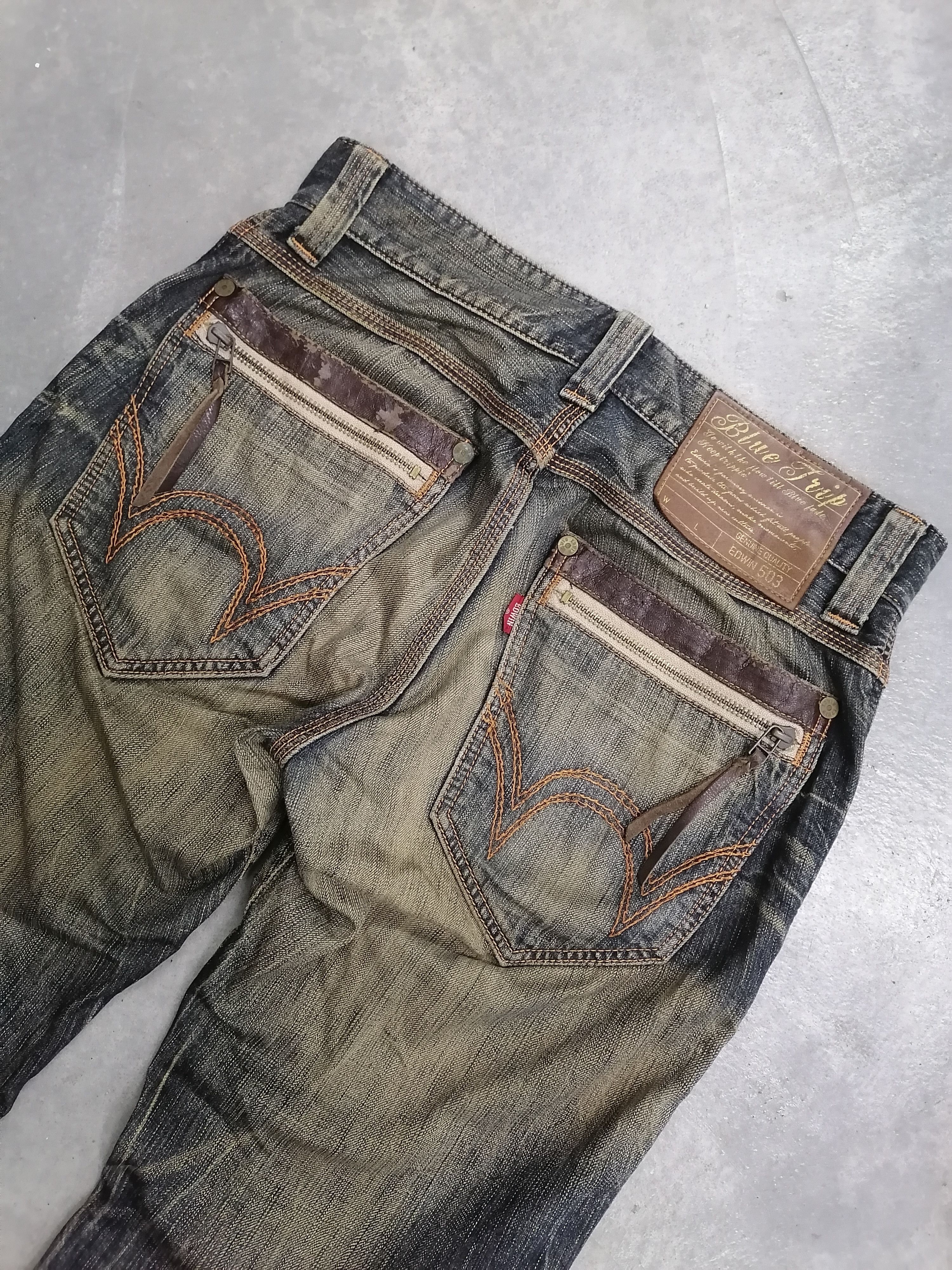 Japanese Brand Trashed Rusty Edwin 503 Blue Trip Distressed Denim Pants Size US 32 / EU 48 - 7 Thumbnail