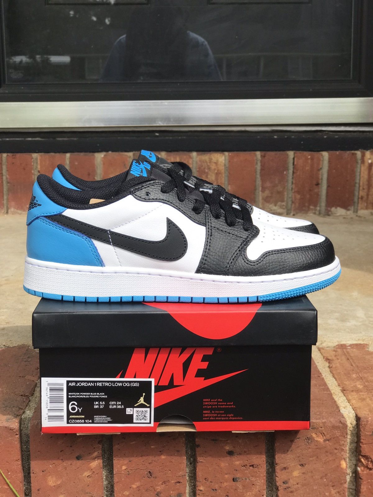 image of Air Jordan 1 Low OG Unc Black Powder Blue Gs Size 6.5Y 8 Wmn Shoes in Black Unc White, Women's