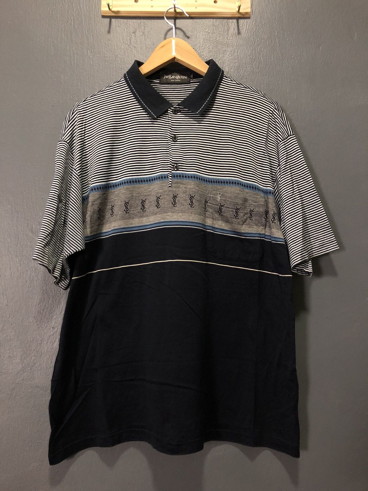 Vintage × Yves Saint Laurent VINTAGE YSL POUR HOMME STRIPE CHEST MONOGRAM POLO SHIRT Size US L / EU 52-54 / 3 - 3 Thumbnail