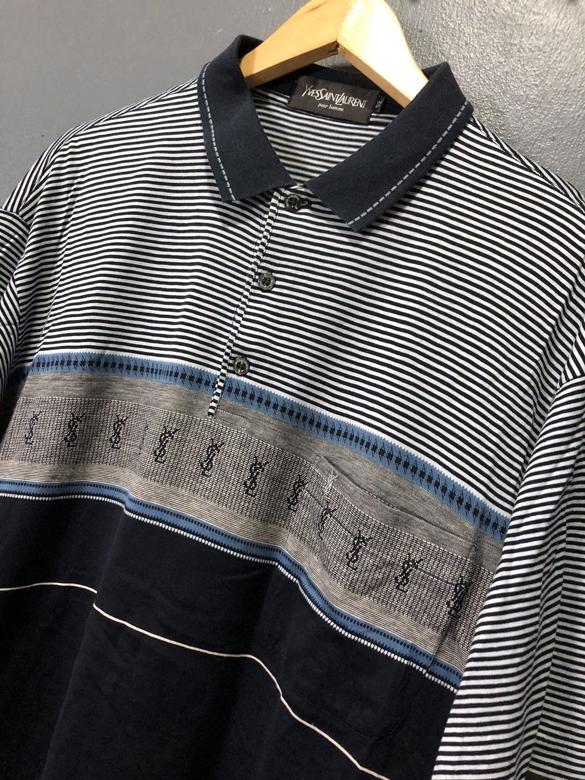 Vintage × Yves Saint Laurent VINTAGE YSL POUR HOMME STRIPE CHEST MONOGRAM POLO SHIRT Size US L / EU 52-54 / 3 - 1 Thumbnail