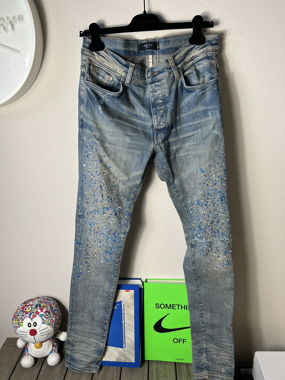 image of Amiri Painter Crystal Distressed Skinny Jeans in Indigo, Men's (Size 32)