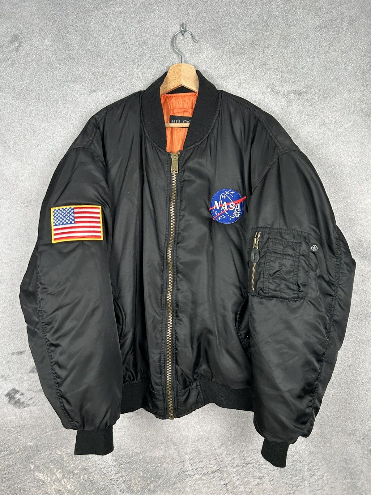 Image of Military x Vintage Nasa Bomber Jacket Boxy Fit Usa Retro Patch in Black, Men's (Size XL)