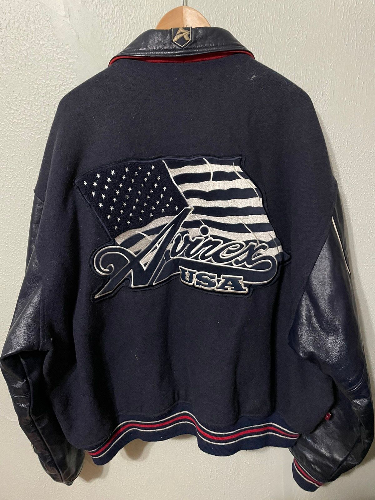 Pre-owned Vintage Avirex Usa Flag Varsity Jacket 3xl In Navy