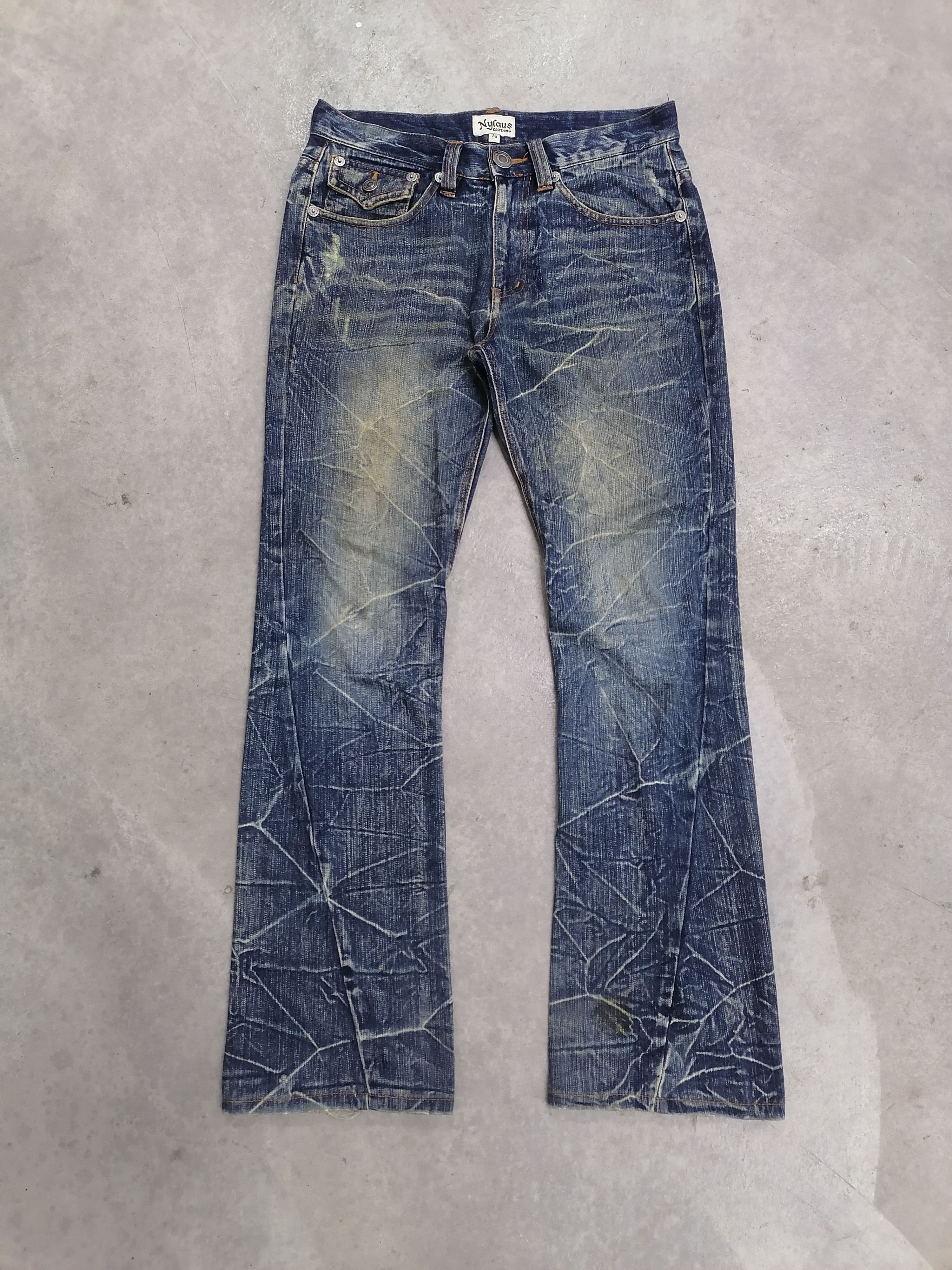 Japanese Brand FLARED TWIST🔥Nylaus Crack Wash Distressed Denim Pants⚡⚡⚡ Size US 30 / EU 46 - 2 Thumbnail