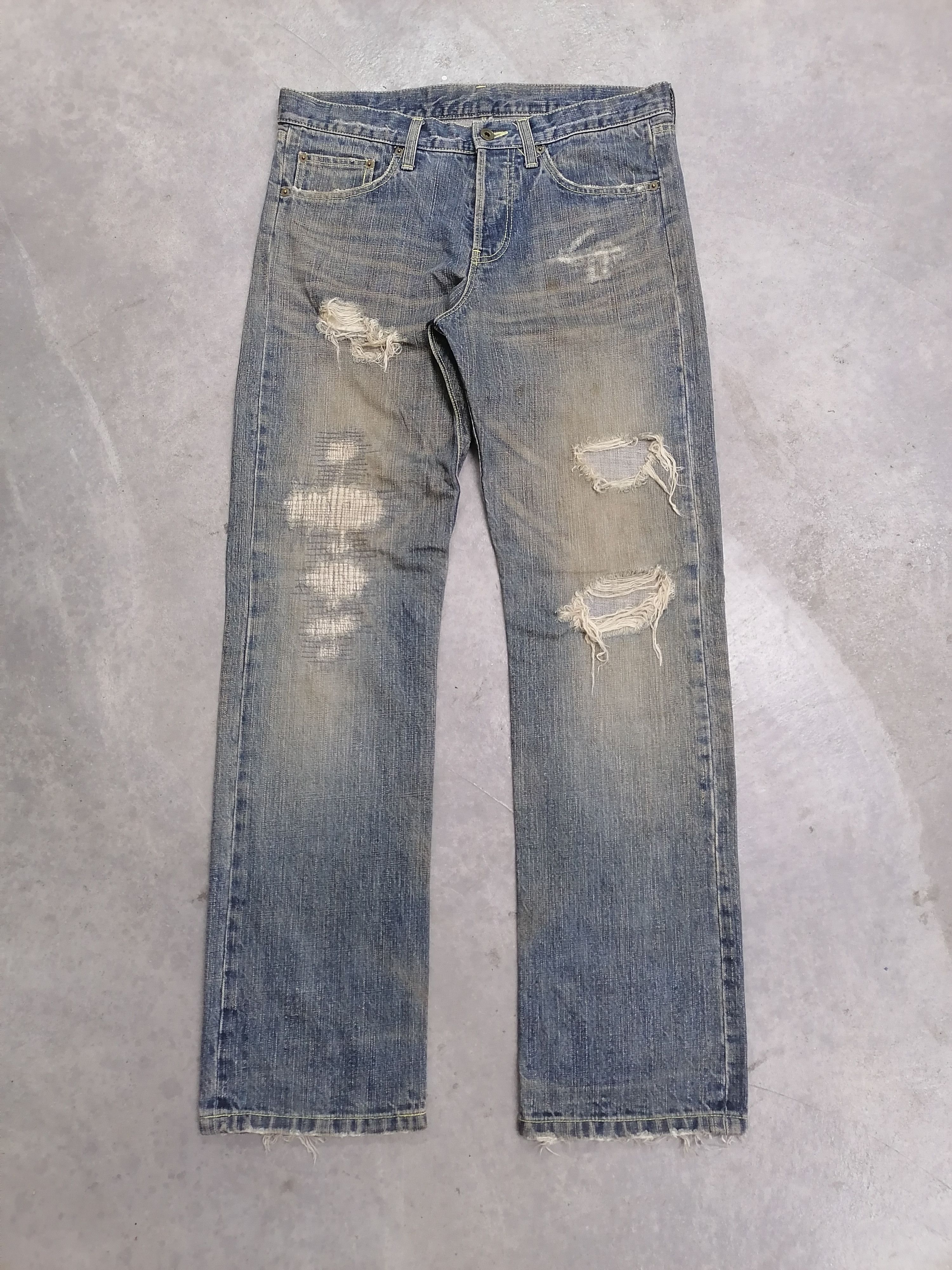 Japanese Brand 🔥Victim Rip Patchwork Distressed Denim Pants⚡⚡⚡ Size US 35 - 2 Thumbnail