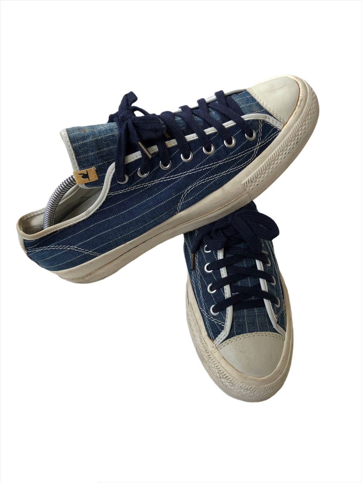 image of Visvim indigo Sashiko Striped Skagway Low Sneakers in Raw Indigo, Men's (Size 9.5)