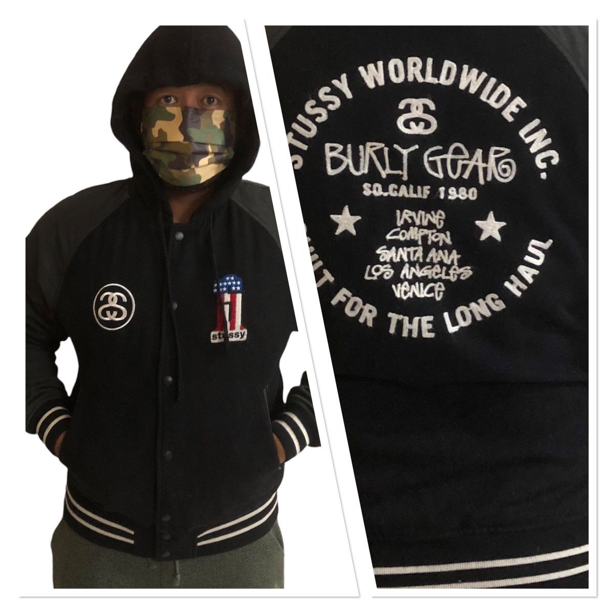 image of Vintage Wool Stussy Burly Gear Button Varsity Jacket in Black, Men's (Size Large)