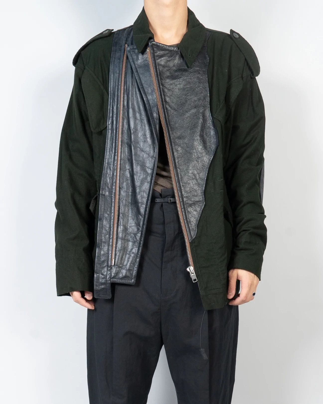 image of Haider Ackermann Fw17 Military Leather Contrast Jacket 1 Of 1 Sample in Green, Men's (Size Medium)