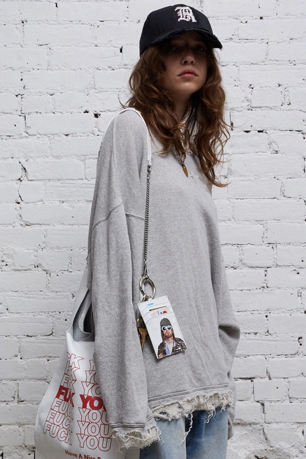 image of R13 Shredded Edge Oversized Crewneck in Grey, Women's (Size XL)
