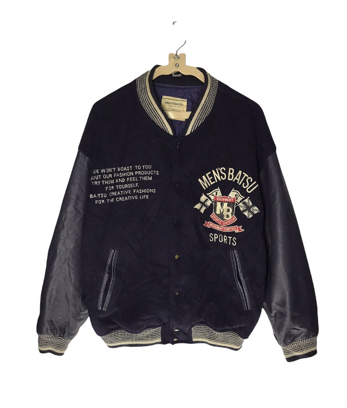 image of Varsity Jacket x Vintage Men’S Ba-Tsu Spellout Varsity Leather Sleeve Jacket, Men's (Size Large)