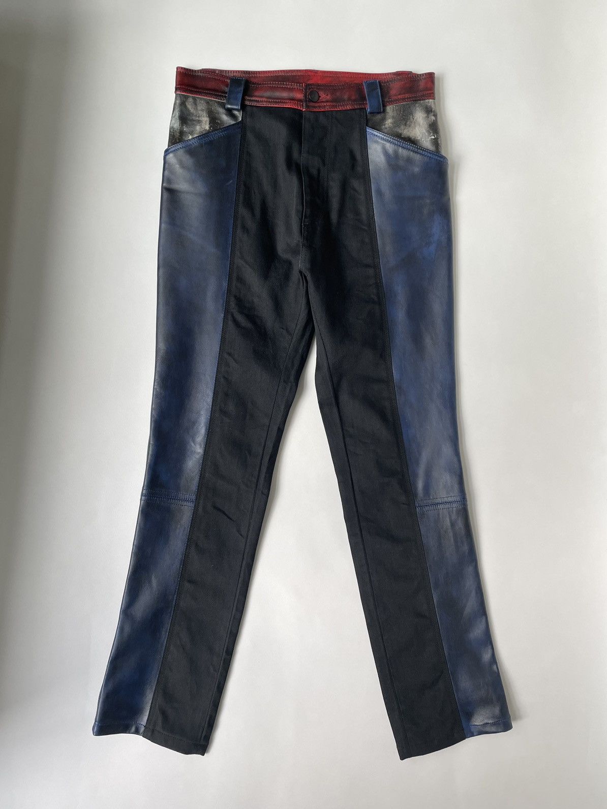 image of Maison Margiela A/w 17 Sample Panelled Leather Moto Jeans in Black/Red/Blue, Men's (Size 32)