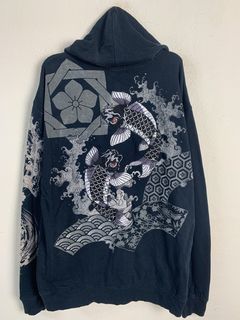 Y2K Vintage Lucky Brand Womens Hoodie /black & Red Koi Fish Floral