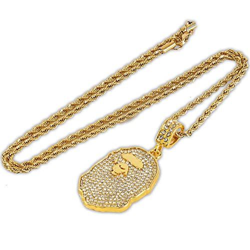 image of New Bape Rhinestone Ape Head Necklace in Gold, Men's