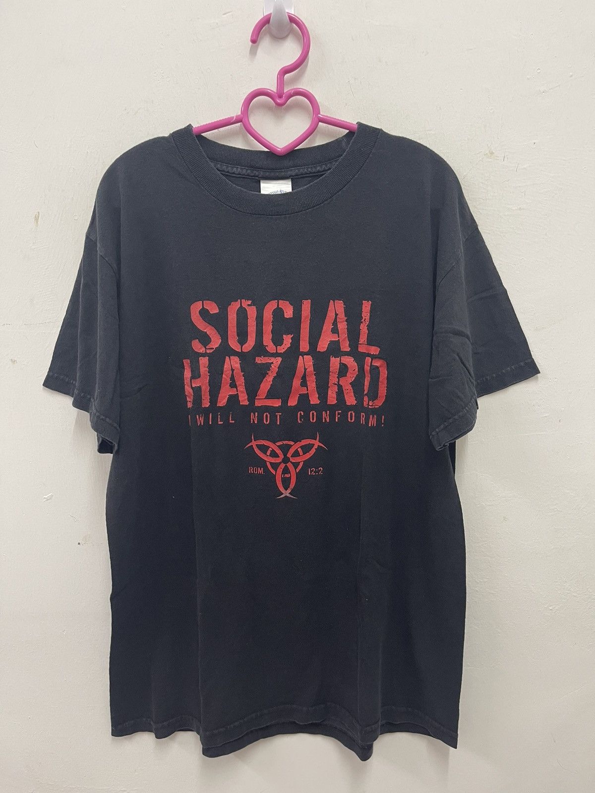 image of Religion x Rock T Shirt Vintage Social Hazard Romans 12:2 Kerusso 2003 Shirt in Black (Size Medium)