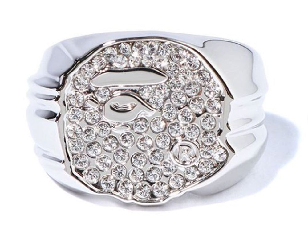 image of Bape Rhinestone Ape Head Ring in Silver, Men's