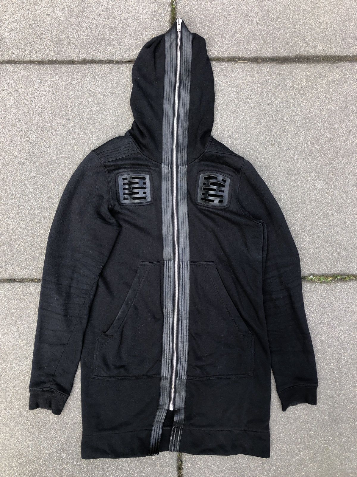 image of Rick Owens Ss14 Vicious “Gimp” Cut Out Leather Cotton Full Zip Hoodie in Black, Men's (Size Large)