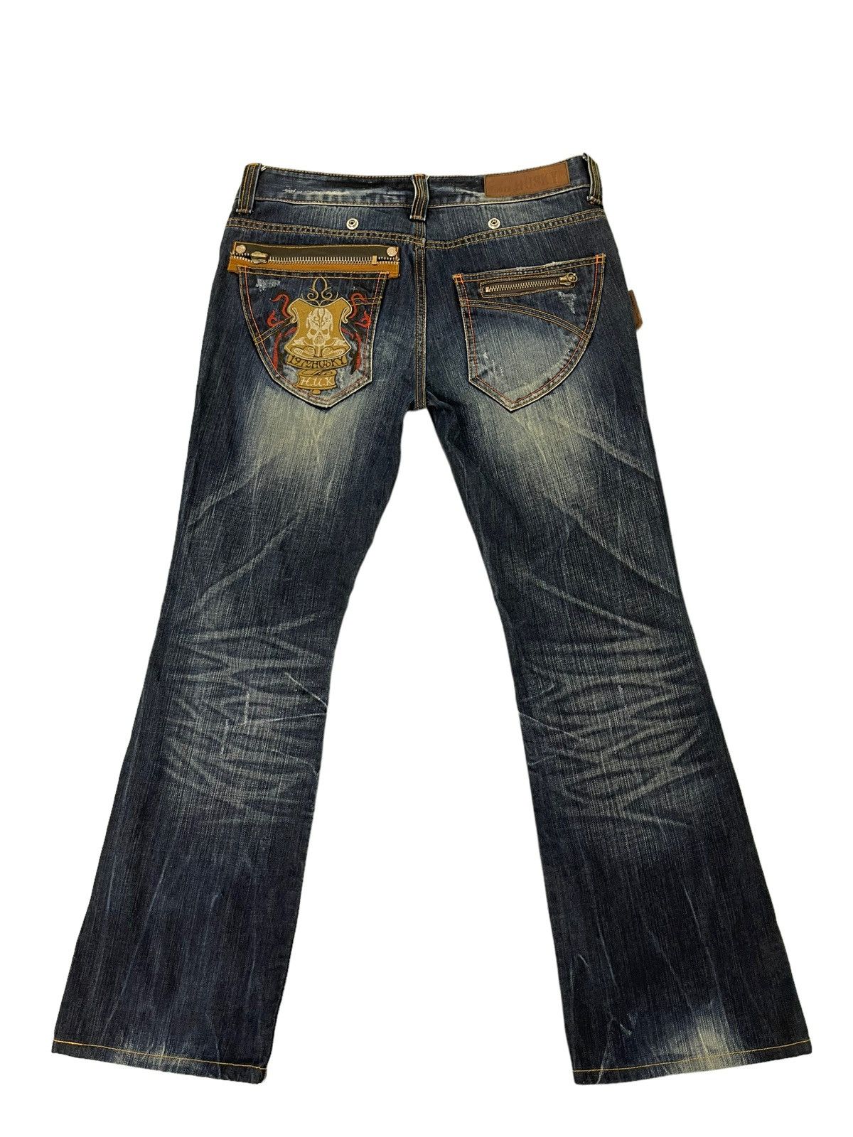 Japanese Brand Flare Jeans Husky 1972 Distress Clawmark Denim Boot Cut 5🟦2 Size US 33 - 12 Thumbnail