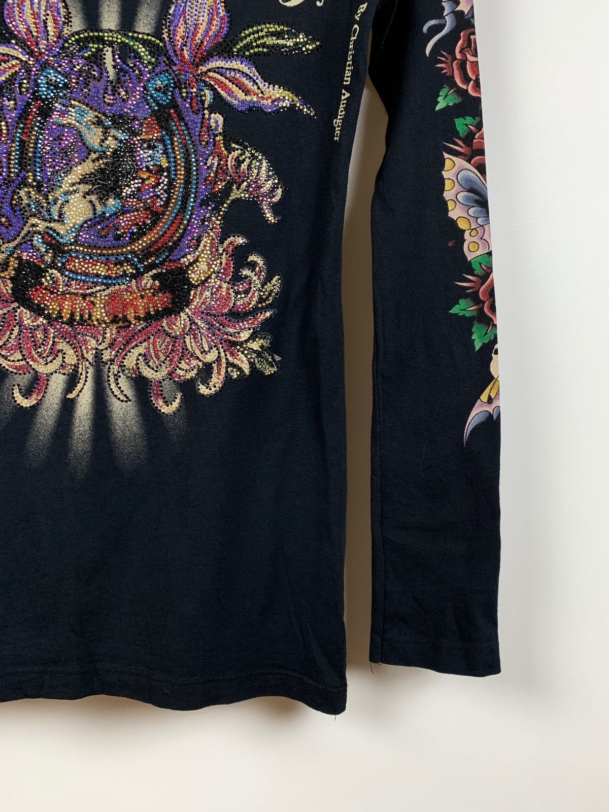 Christian Audigier Vintage Ed Hardy Black Women’s Rhinestone Long Sleeve Shirt Size ONE SIZE - 7 Thumbnail