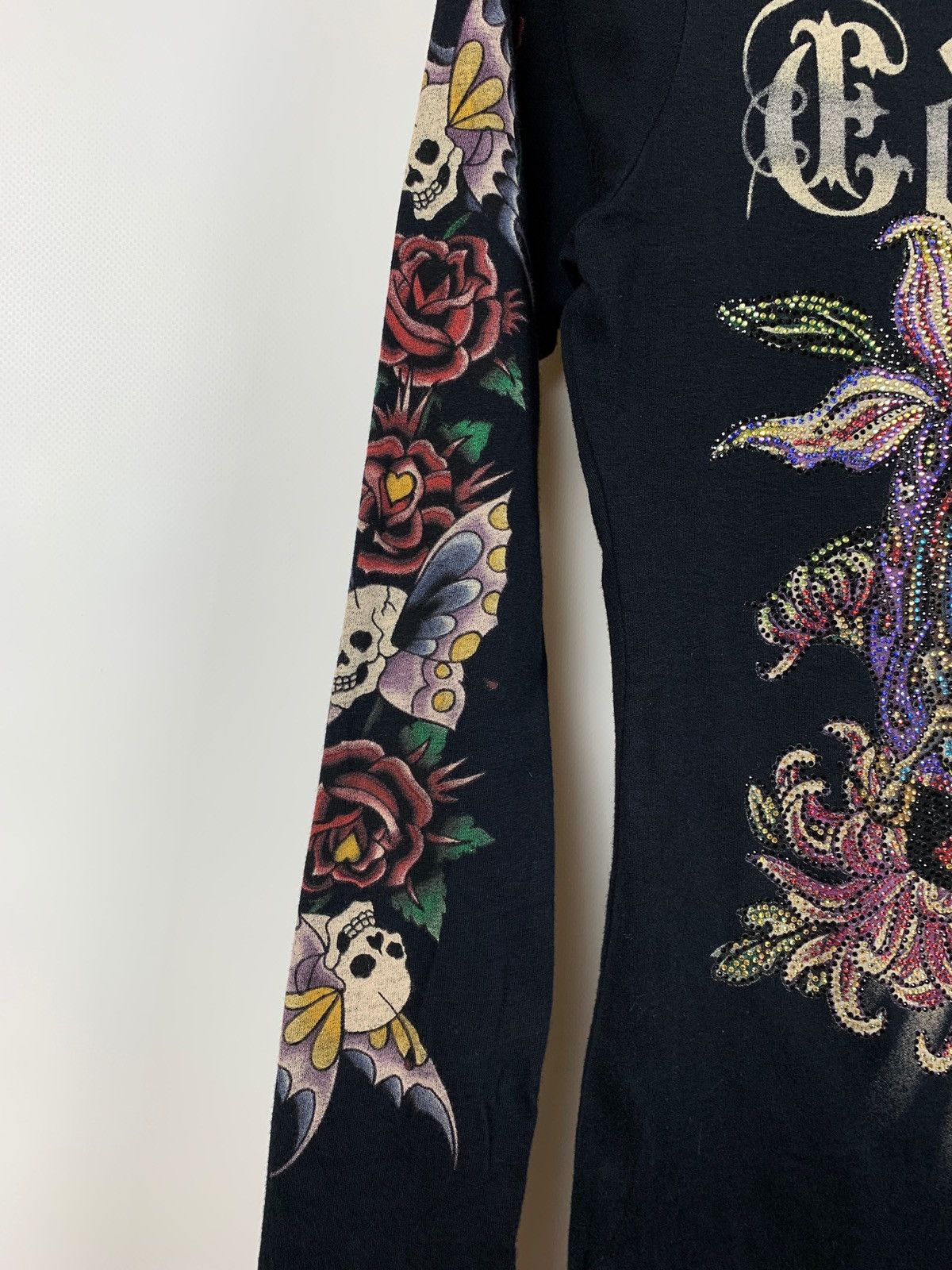 Christian Audigier Vintage Ed Hardy Black Women’s Rhinestone Long Sleeve Shirt Size ONE SIZE - 9 Thumbnail
