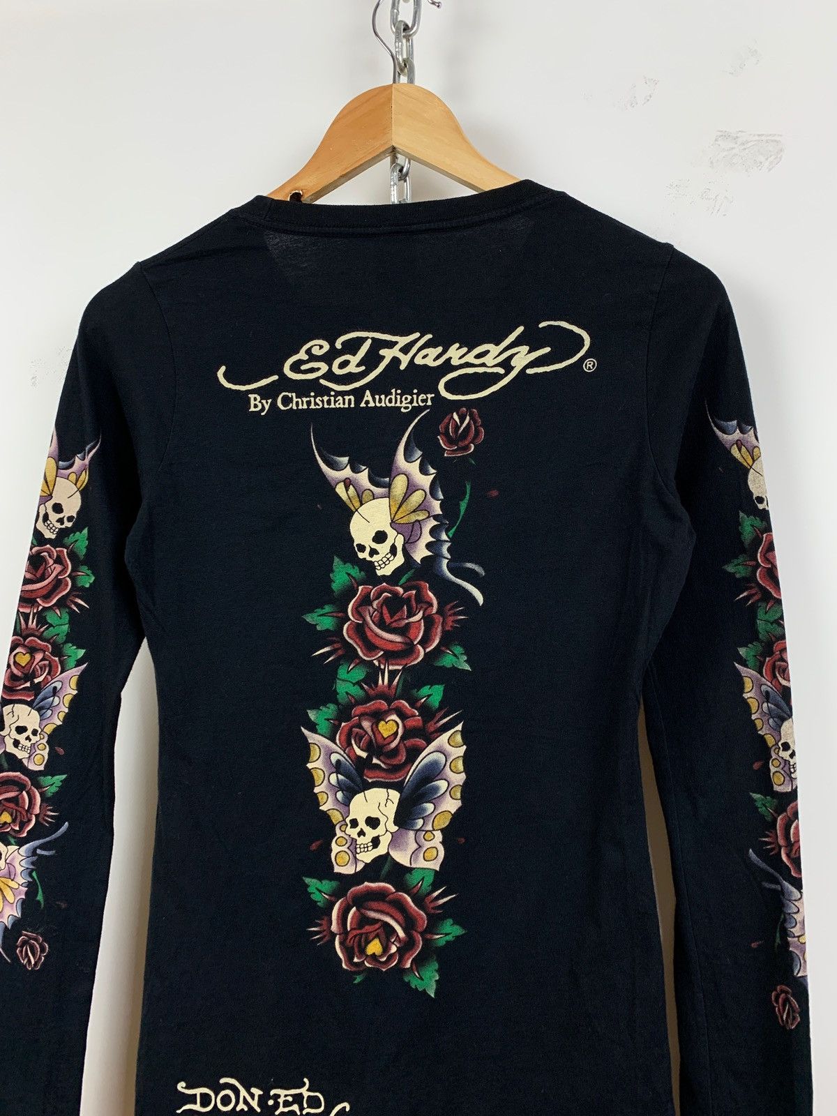 Christian Audigier Vintage Ed Hardy Black Women’s Rhinestone Long Sleeve Shirt Size ONE SIZE - 12 Thumbnail