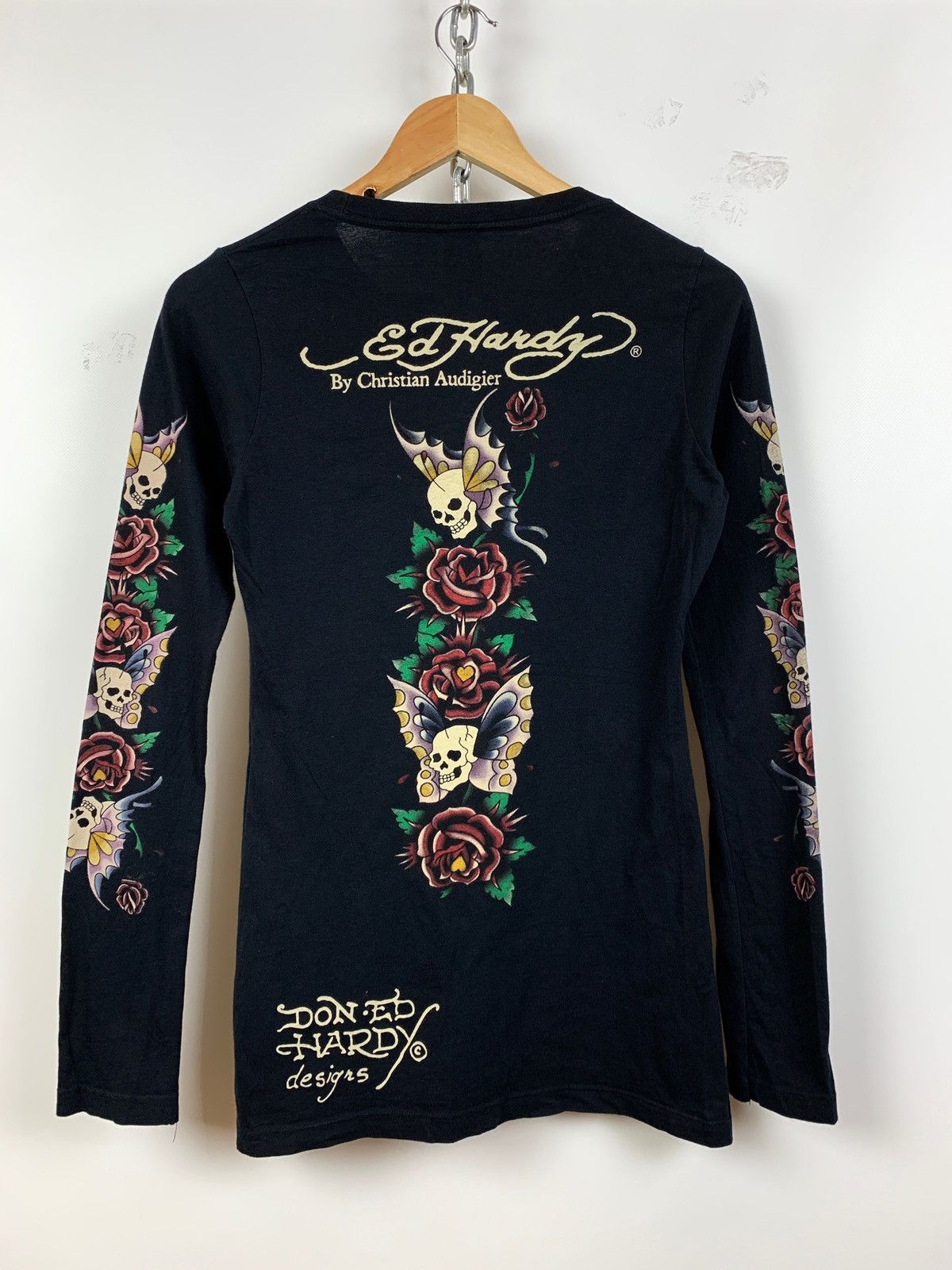 Christian Audigier Vintage Ed Hardy Black Women’s Rhinestone Long Sleeve Shirt Size ONE SIZE - 2 Thumbnail