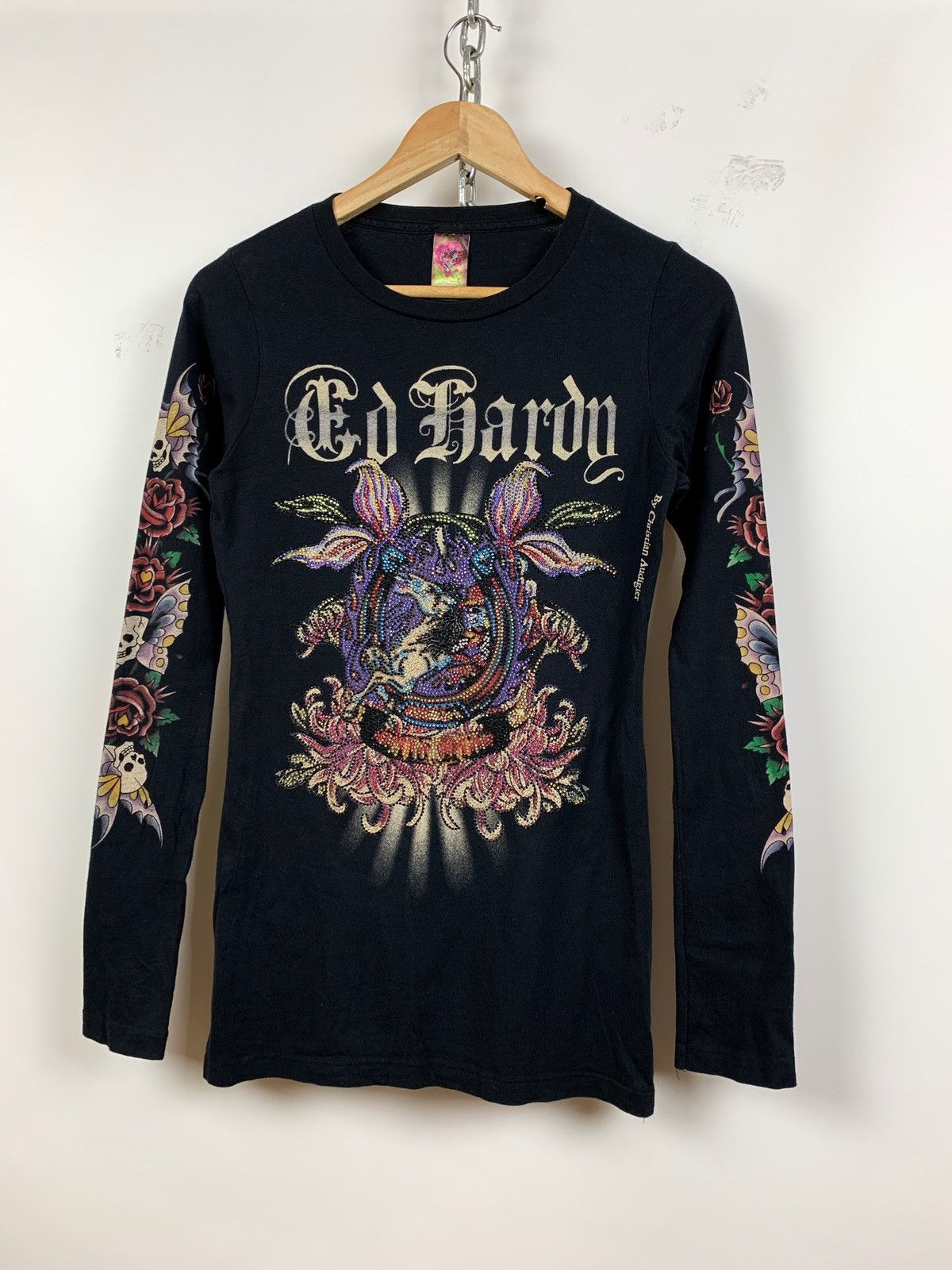 Christian Audigier Vintage Ed Hardy Black Women’s Rhinestone Long Sleeve Shirt Size ONE SIZE - 4 Thumbnail