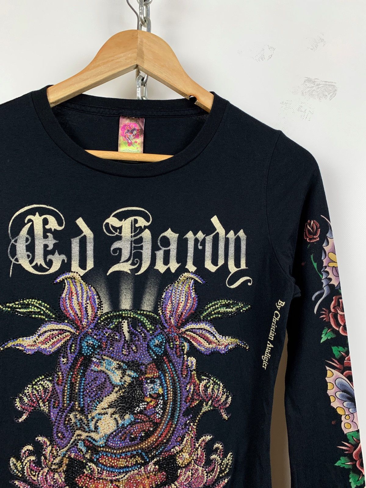 Christian Audigier Vintage Ed Hardy Black Women’s Rhinestone Long Sleeve Shirt Size ONE SIZE - 5 Thumbnail