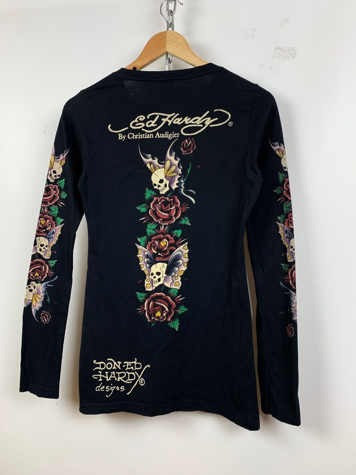 Christian Audigier Vintage Ed Hardy Black Women’s Rhinestone Long Sleeve Shirt Size ONE SIZE - 11 Thumbnail