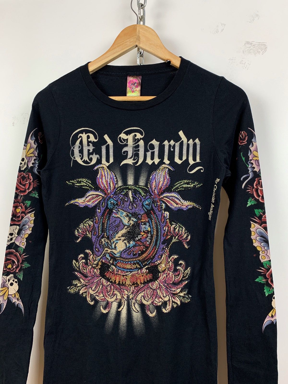 Christian Audigier Vintage Ed Hardy Black Women’s Rhinestone Long Sleeve Shirt Size ONE SIZE - 3 Thumbnail