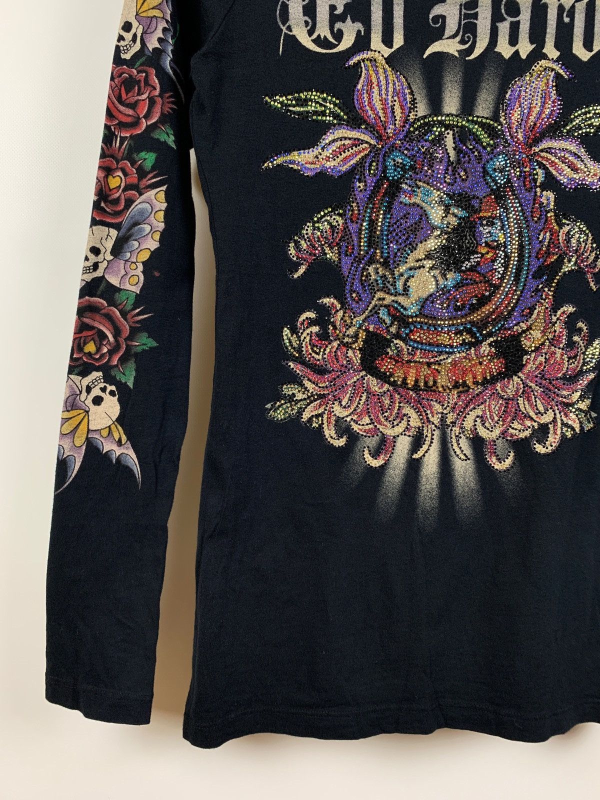 Christian Audigier Vintage Ed Hardy Black Women’s Rhinestone Long Sleeve Shirt Size ONE SIZE - 8 Thumbnail