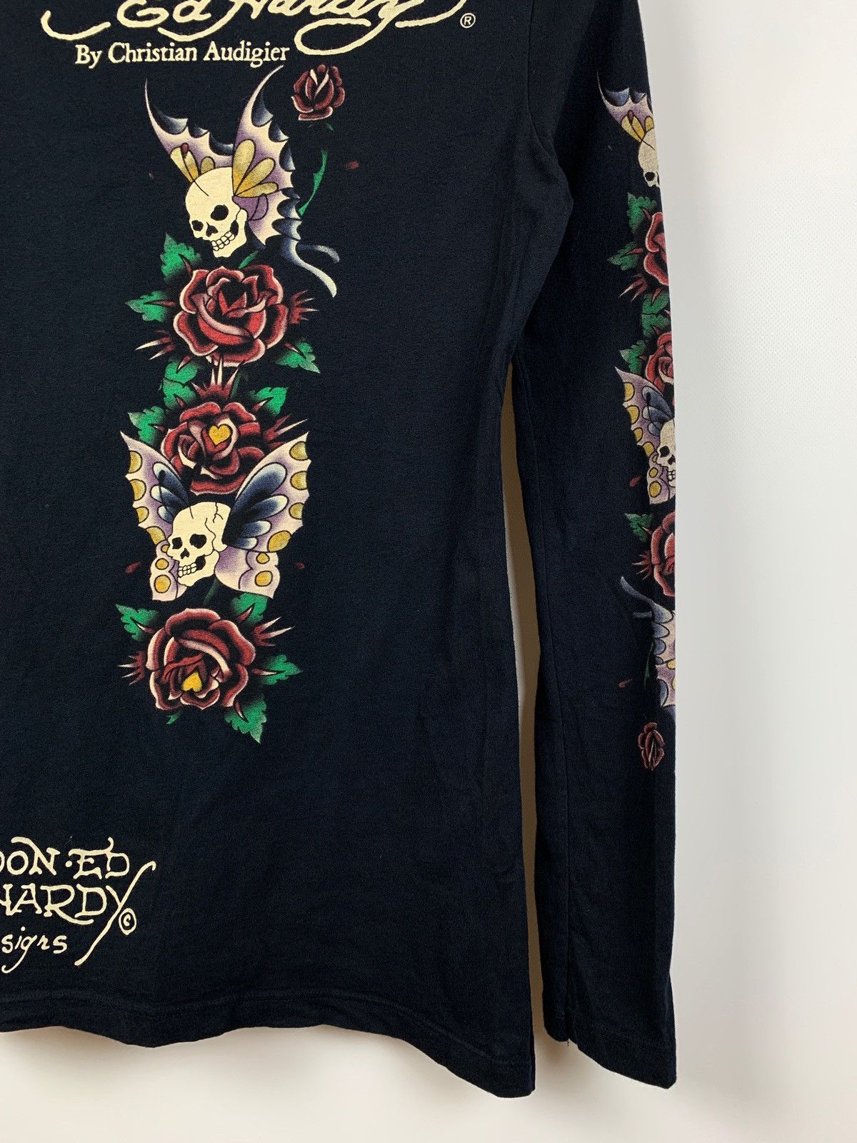 Christian Audigier Vintage Ed Hardy Black Women’s Rhinestone Long Sleeve Shirt Size ONE SIZE - 15 Thumbnail
