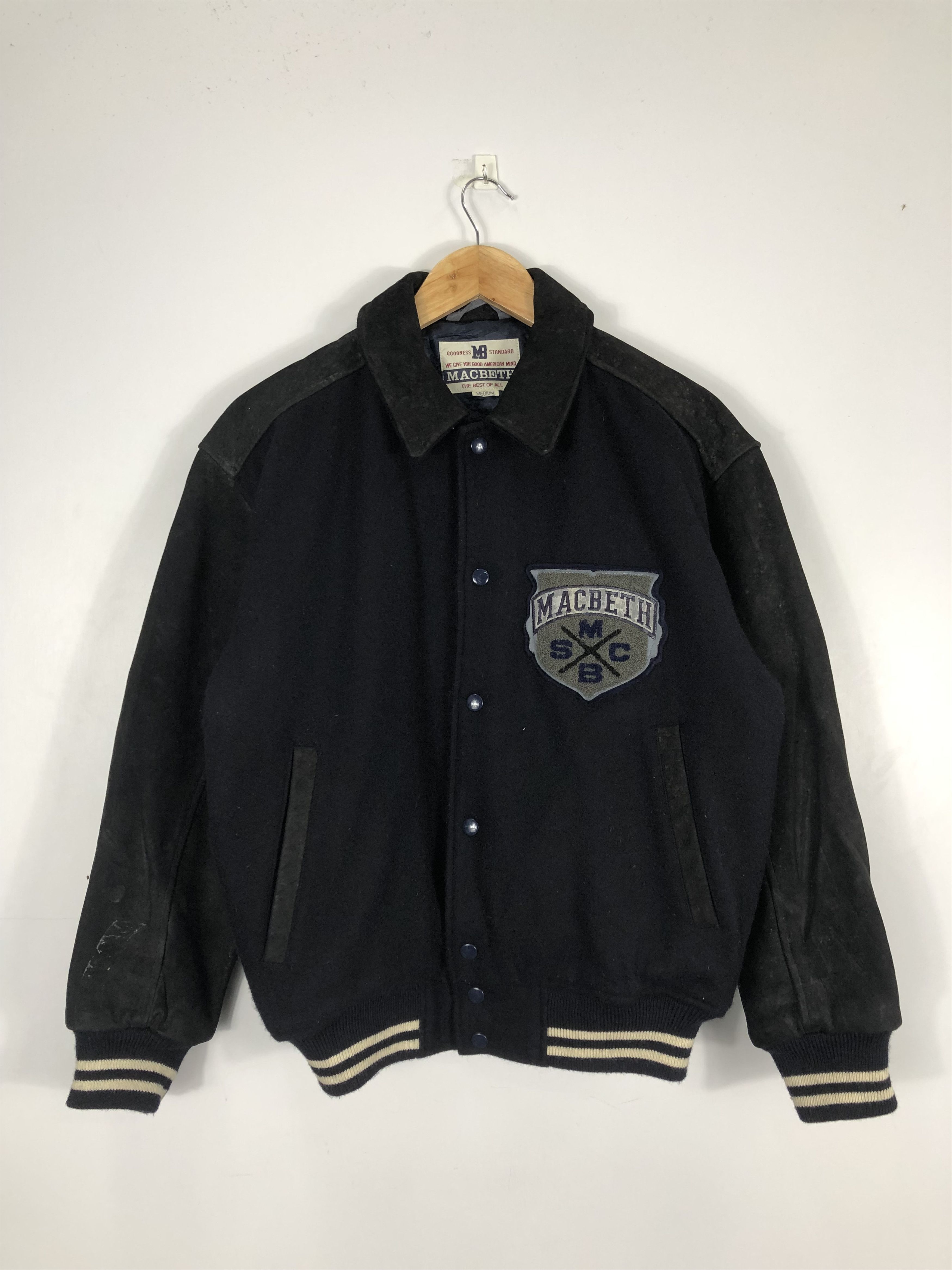 image of Macbeth 90's Varsity Jacket Patches Leather Sleeve in Black, Men's (Size Medium)