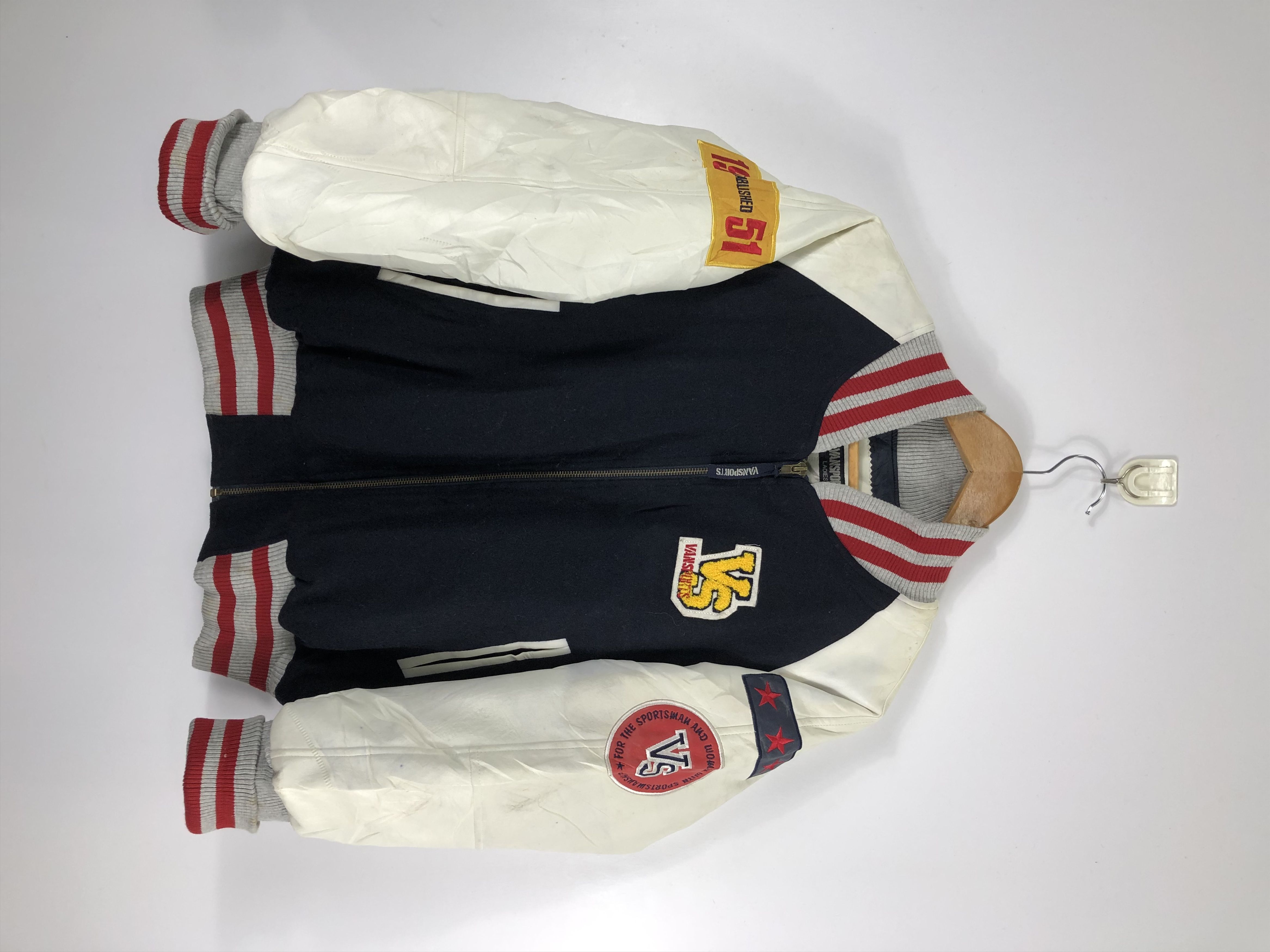 image of 90's Vansport Varsity Jacket Patches Leather Sleeve in Blue, Men's (Size Medium)