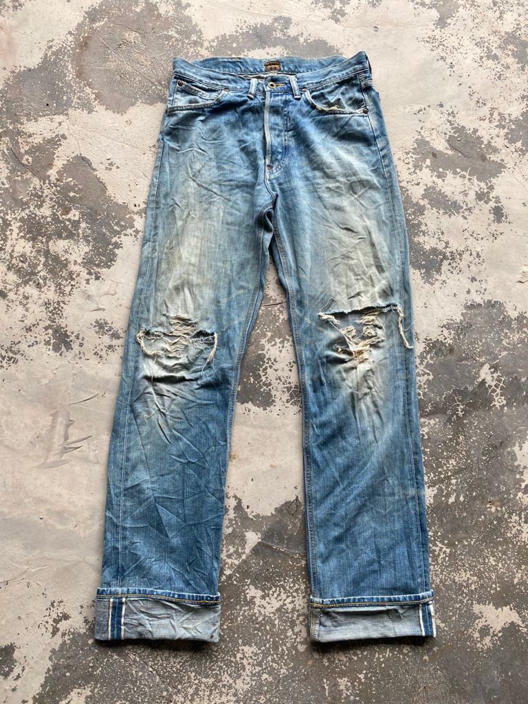 image of Distressed Denim x Lee Vintage Lee Cowboy Distresses Denim Selvedge Jeans Pants in Faded Blue (Size