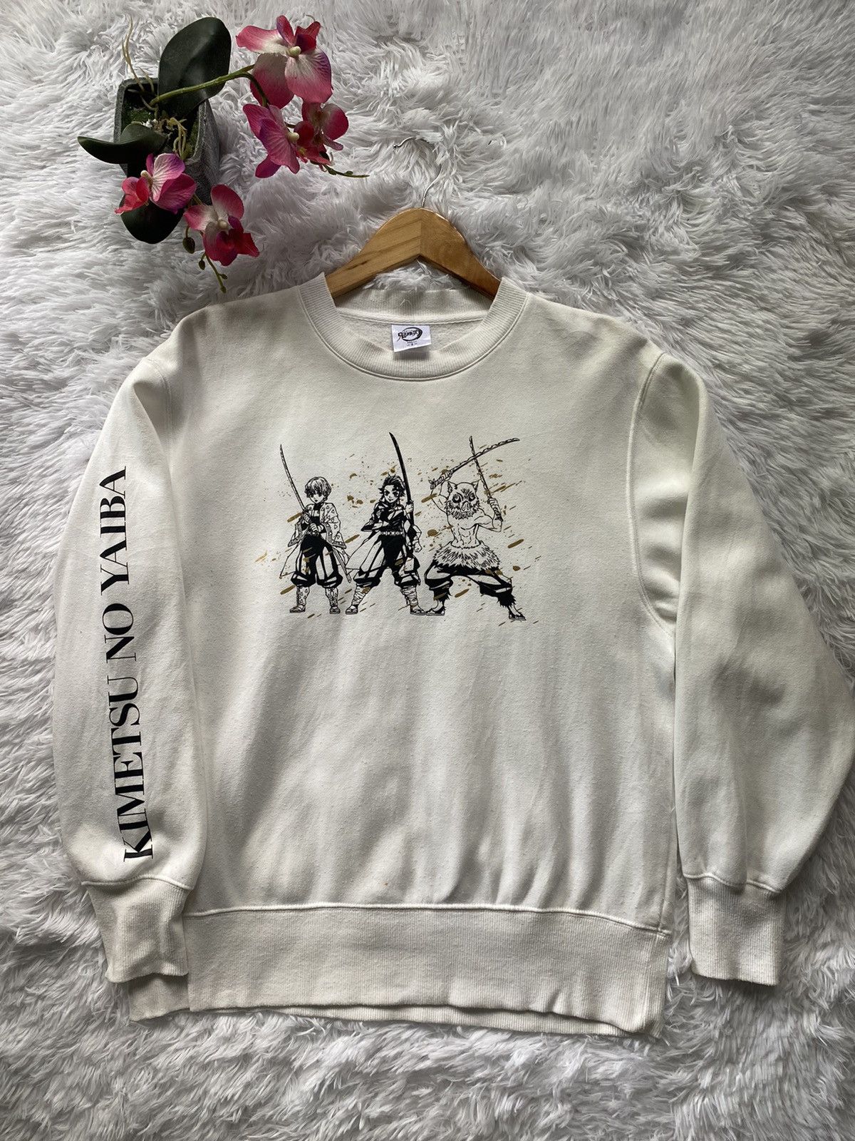 image of Demon Slayer Sweatshirt in White, Men's (Size Small)